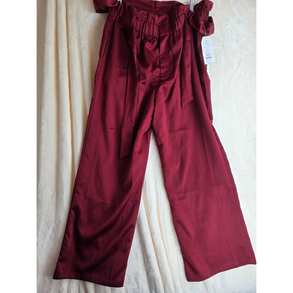 TIME AND TRU Womens‎ Burgundy Satin Wide Leg Paperbag Waist Pants Size L 12-14